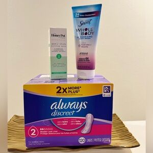 FEMENINE CARE BUNDLE Always Liners, The Honey Pot Anti-Itch , Secret Whole Body.